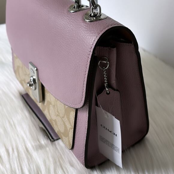 NWT Coach Lane Shoulder Bag In Signature Canvas/PebbleLeather/ Khaki-Purple - Picture 2 of 12